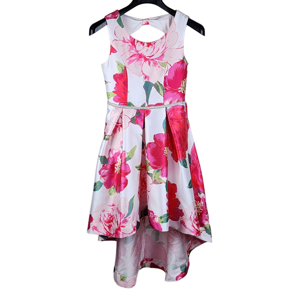 EUC Speechless Kids 14 Floral High-Low Dress Rhinestone waist Formal Dressy